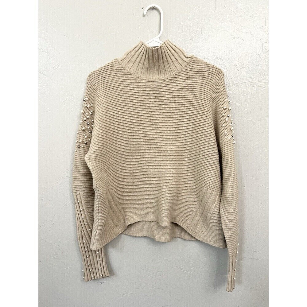 Passioni  Oversized Pearl Camel Tan Sweater Beaded Mock Neck Size Small Shirt